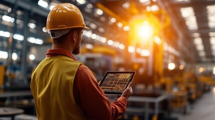 Industrial Worker Using Tablet in Factory Setting with Machinery and Equipment in Background, Focused on Digital Information and Productivity