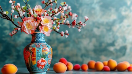 A vibrant Lunar New Year flower vase filled with blooming peach blossoms, yellow apricot flowers, and festive decorations, symbolizing prosperity and happiness.