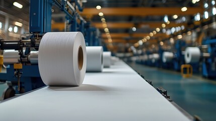 Fototapeta premium Industrial Mill Facility Showcasing Large Rolls of Paper on Production Line with Modern Machinery and Spacious Interior
