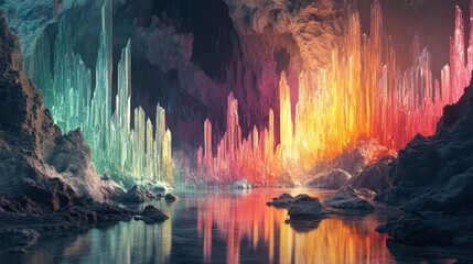 A colorful crystal cave with reflections in the water below