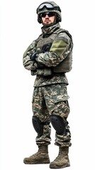 Fototapeta premium Soldier in Full Military Gear Isolated on White Background