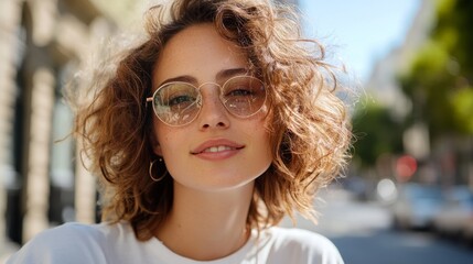 Obraz premium Woman posing for a portrait outdoors, smiling at camera.