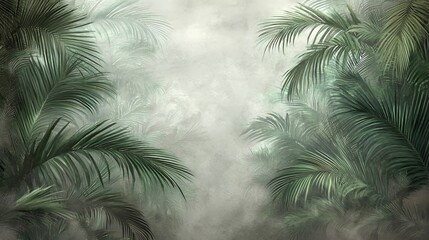 Misty Green Tropical Jungle with Palm Trees