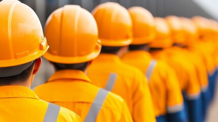 Employee Training Program for Safety with Group in Orange Uniforms and Helmets