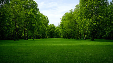Lush Green Trees Line a Sunny Meadow Path