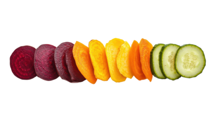 Colorful array of sliced vegetables arranged in a row on a white background showcasing their vibrant hues and textures