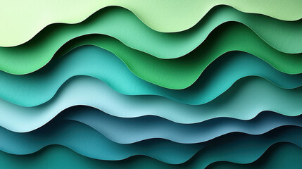 Fototapeta premium Serene Green Waves: A captivating abstract image of layered paper cutouts in varying shades of green and teal, forming a mesmerizing wave pattern.