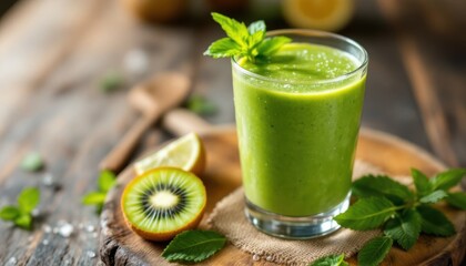 Fresh green kiwi and mint smoothie on rustic wooden table with lime slices