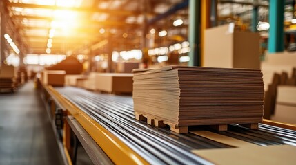 Industrial Mill Interior with Wooden Pallet of Stacked Cardboard Sheets on Conveyor Belt in Brightly Lit Warehouse Setting