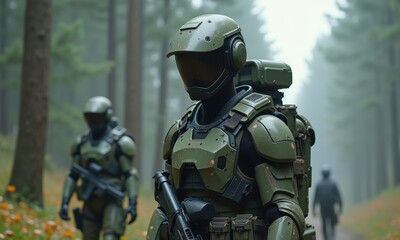 Obraz premium Futuristic Soldier in Forest - Military Sci-Fi - Futuristic Technology
