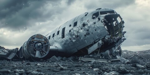 Plane crash, debris on the ground, Generative AI.