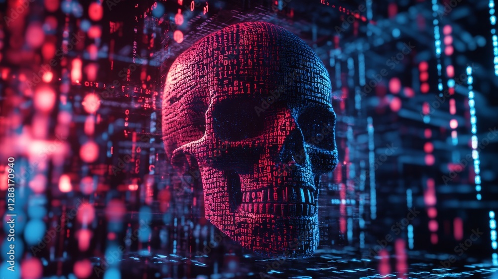 Poster Digital skull with red coding on dark background, illuminated in blue and red lights. Cybersecurity threat and hacking concept.