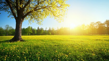 Sunlight Bathes a Green Field of Yellow Flowers and a Large Tree