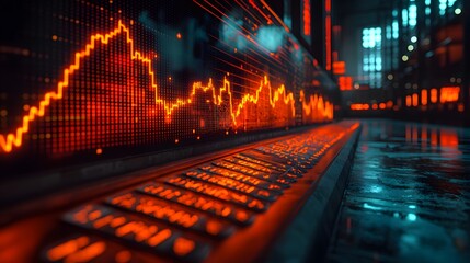 Glowing Financial Chart with Alarming Metrics in Abandoned Boardroom Symbolizing Business Crisis