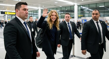 Celebrity waving to fans while being escorted through a busy airport terminal by security personnel - celebrity with bodyguards