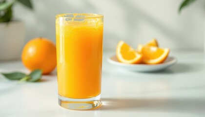 Freshly squeezed orange juice in a glass with orange slices on a white table