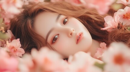 Beautiful girl surrounded by pink petals lying in a garden during a sunny day
