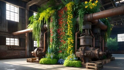 Obraz premium A vibrant indoor garden with lush plants and colorful flowers growing over and around rusty industrial machinery in an abandoned warehouse, showcasing the contrast between nature and industry