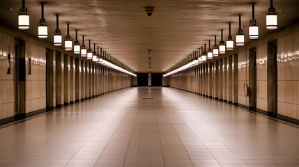 Long Beige Corridor with Symmetrical Lighting and Tiled Floor