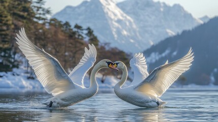 Snowy Lake Swans in Embrace