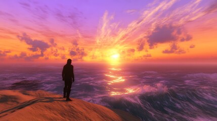 Obraz premium A Silhouette on a Dune Against a Sunset Glow Over Rolling Waves 