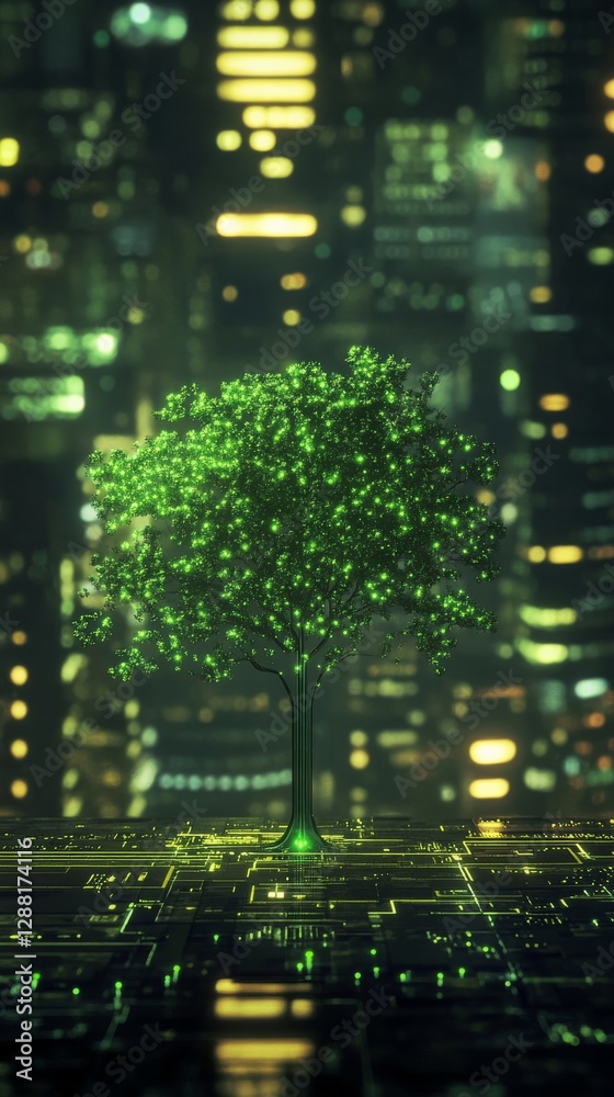 Poster digital tree with glowing green leaves on circuit board background at night. environmental technolog