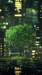 Obraz premium Digital tree with glowing green leaves on circuit board background at night. Environmental technology and sustainability concept
