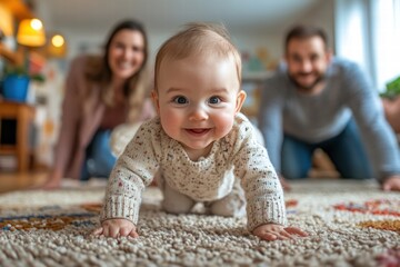 Smiling baby crawling on a soft carpet at home