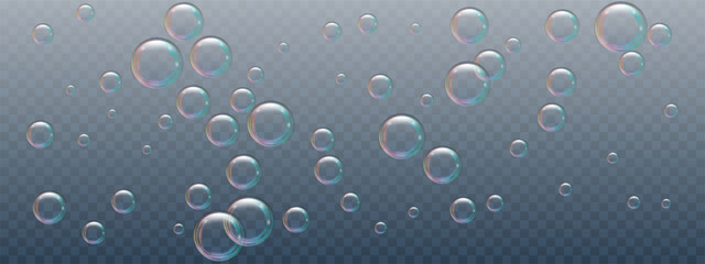 Realistic flying soap bubbles. Underwater air. Oxygen balls isolated on a transparent background. Foaming shampoo or shower gel. Sea foam. Vector illustration