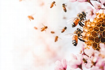 Close-up of honeybees flying around a honeycomb with golden honey