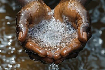 Hands cupping water, rural scene