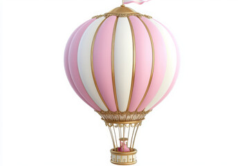 Fototapeta premium Whimsical pink and white hot air balloon with gold detailing on white background