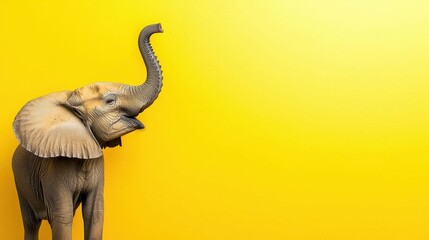 Obraz premium A playful elephant stands against a vibrant yellow background, showcasing its majestic features and joyful spirit.