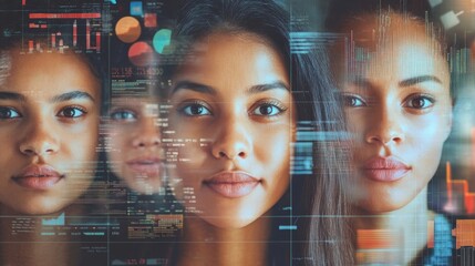 Portraits of women with data overlaying their faces are present