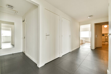 A clean and spacious modern entrance hall featuring bright walls and polished dark tile flooring, providing a welcoming ambiance for guests.