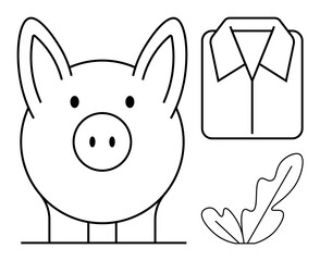 Piggy bank alongside a shirt and oak leaf in line art style. Ideal for savings, fashion, nature, minimalism, financial planning, environment, simplicity. Black and white abstract line flat metaphor