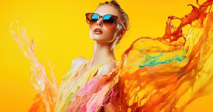 Une femme &eacute;l&eacute;gante portant des lunettes de soleil color&eacute;es et une robe avec &eacute;claboussures de peinture, lors d'une s&eacute;ance photo artistique sur un fond orange.