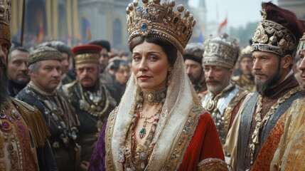 Fototapeta premium Majestic Royal Figure Surrounded by Courtiers in Stunning Historical Attire