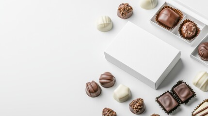 Assorted chocolates on white background. Top view of pralines and candy box arranged elegantly. Sweet treat dessert.