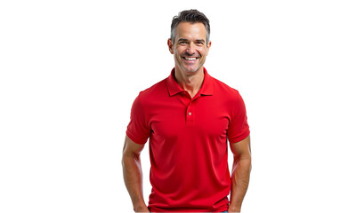 Confident smiling man in red polo shirt portrait, isolated on transparent background. Ideal for business, marketing, social media, or corporate designs.