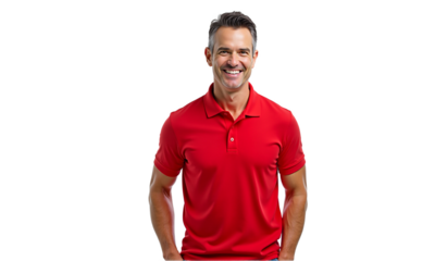 Confident smiling man in red polo shirt portrait, isolated on transparent background. Ideal for business, marketing, social media, or corporate designs.