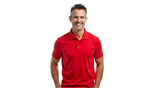 Confident smiling man in red polo shirt portrait, isolated on transparent background. Ideal for business, marketing, social media, or corporate designs.