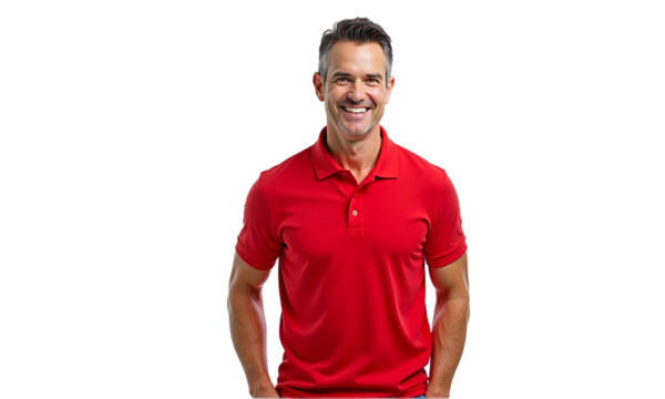 Confident smiling man in red polo shirt portrait, isolated on transparent background. Ideal for business, marketing, social media, or corporate designs.