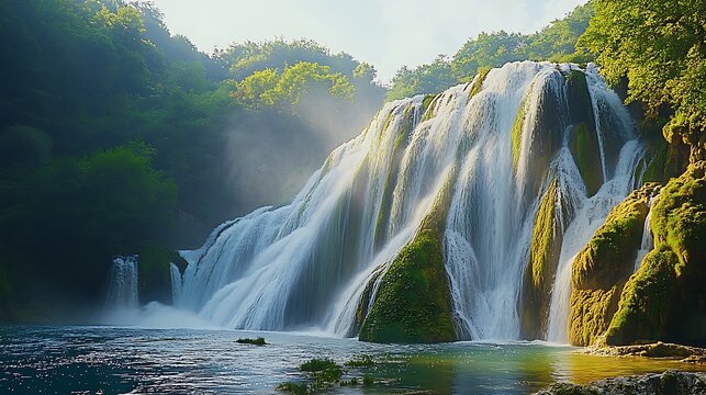 Majestic waterfall cascading into pool, lush forest backdrop, sunrise light