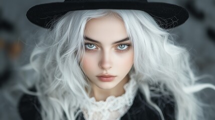 Young woman in witch costume with white hair and black hat at Halloween celebration outdoors