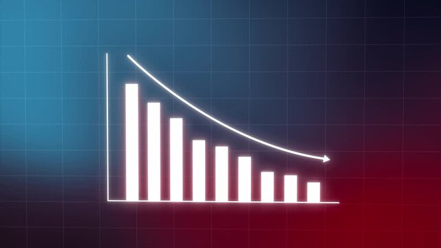 Smooth line Simple Finance business growth graph chart with arrows moving down, falling, loss, diagram, motion graphic on a red classic abstract Grid background
