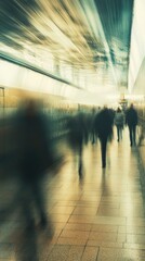 Surreal blurred vision of a crowded subway station corridor, where fast-moving commuters create ghostly silhouettes under artificial lighting, capturing the essence of urban transportation 