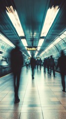 Abstract motion-blurred scene of commuters walking through a futuristic underground subway station with sleek, curved ceilings and bright artificial lighting, creating a fast-paced urban atmosphere.