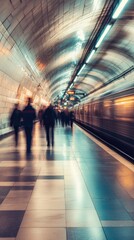 Blurred motion of commuters walking along a dimly lit underground metro platform as a speeding train arrives, capturing the dynamic energy and movement of urban public transportation.


