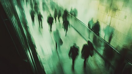 Abstract motion-blurred perspective of commuters walking through a modern underground passageway with a green-tinted lighting effect, evoking a futuristic and surreal urban transit experience.